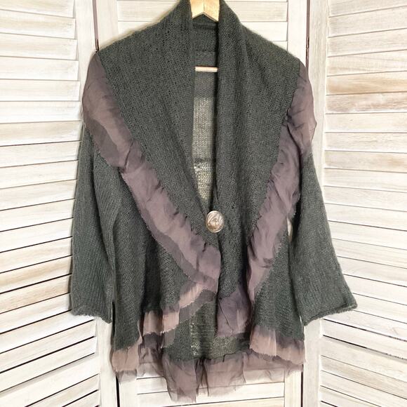 Vintage Olive 100% Wool Mohair? 100% Silk Trim Draped Shawl Neck Cardigan M/L - Picture 5 of 10